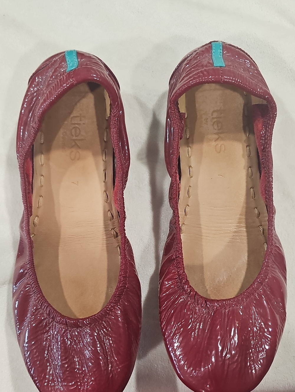 Tieks Burgundy Patent Leather Ballet Flats with Turquoise Pull Tabs